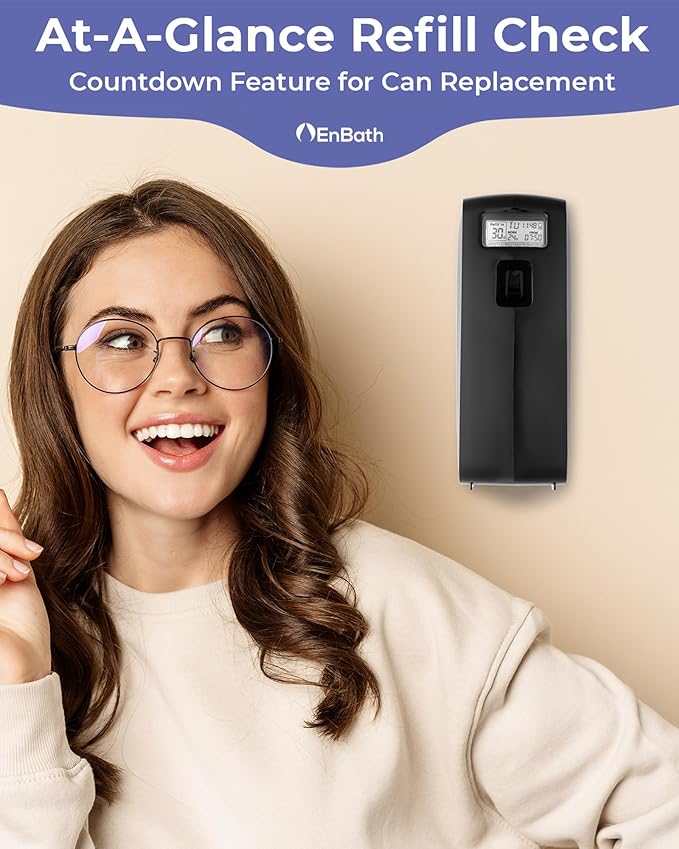 Programmable Commercial Air Freshener for Businesses or Home, Black LCD Automatic Bathroom Air Freshener Spray Dispenser- Schedule by Day, Time Period, Spray Frequency- Plus Days to Refill Countdown