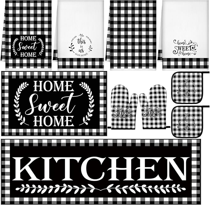 Fourluoo 10 Pcs Kitchen Set Kitchen Towels and Rugs Oven Mitts and Pot Holders Farmhouse Decor for Women Mom Gift Cooking Baking Grilling(White Black)