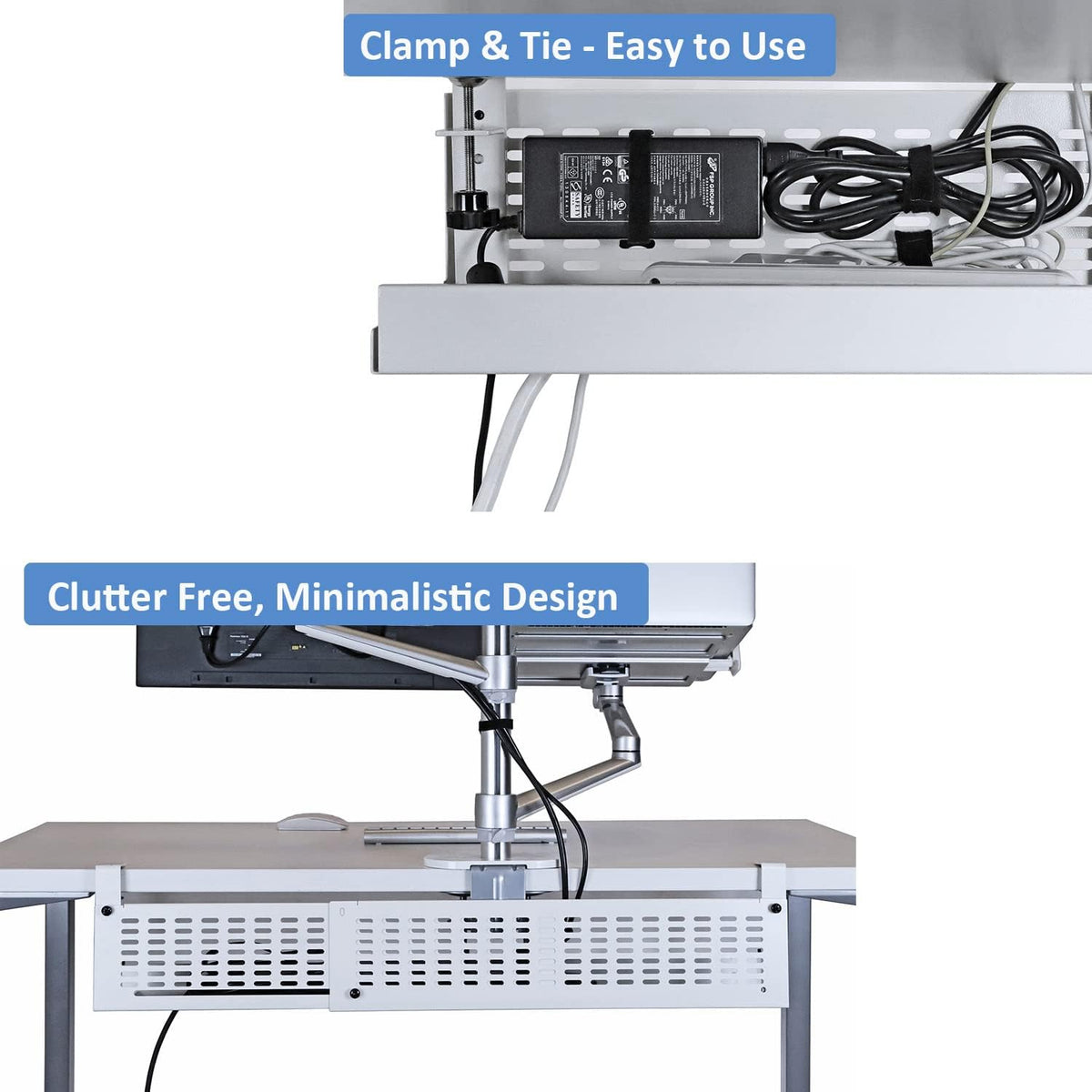 AEONS Under Desk Cable Management Tray Kit - Horizontal Adjustable up tp 41” Desk Organizer Removable C Clamp Mount Reversiable Computer Cord Raceway and Modesty Panel for Large Desk, White/Beige