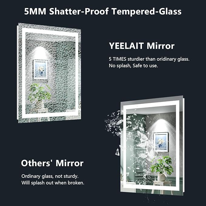 20x30 Inch LED Bathroom Mirror with Lights Front and Backlit Lighted Vanity Mirror for Bathroom Wall with 3 Colors Dimmable Anti-Fog Memory Shatter-Proof IP54 Waterproof Horizontal/Vertical