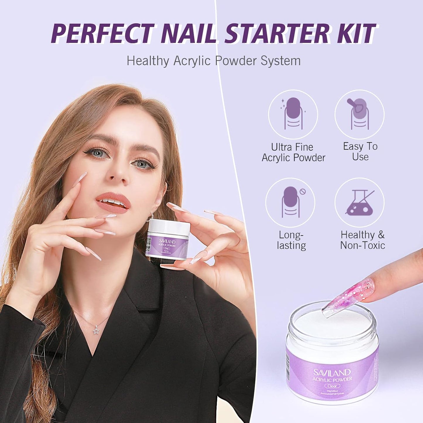 SAVILAND Acrylic Nail Kit Starter Set: Clear Acrylic Powder and Liquid Set With Brush, Forms, Tools for Extension, DIY Home Salon Application - Nail Kit for Beginners with Everything