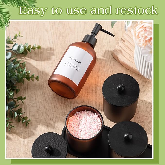 Yaomiao 5 Pack Amber Frosted Glass Bathroom Accessories Set Complete, Kitchen Modern Liquid Soap Dispenser Set with Pump and Wood Tray, Toothbrush Holder Cotton Swab Jars with Lids for Sink Countertop