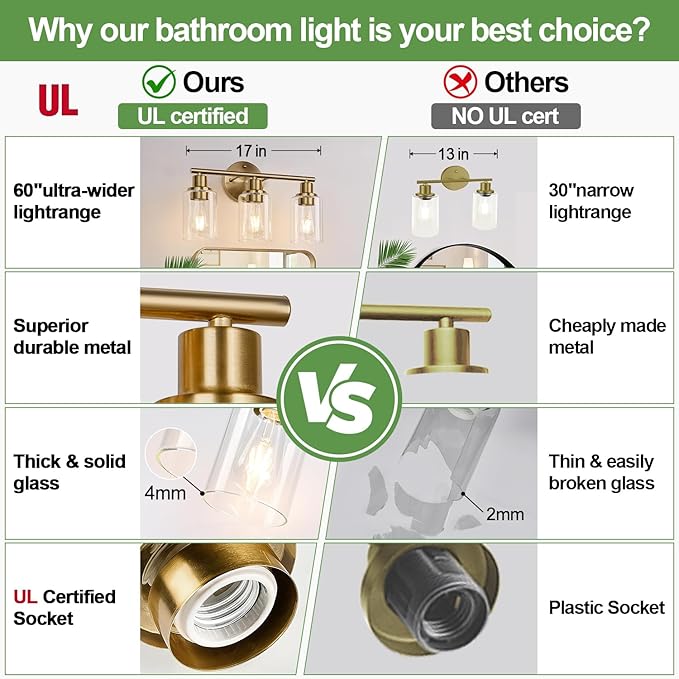 3-Light Bathroom Light Fixtures, Brushed Brass Bathroom Wall Lights with Clear Glass Shade, Modern Bathroom Wall Lamp for Mirror Kitchen Living Room Hallway Cabinet