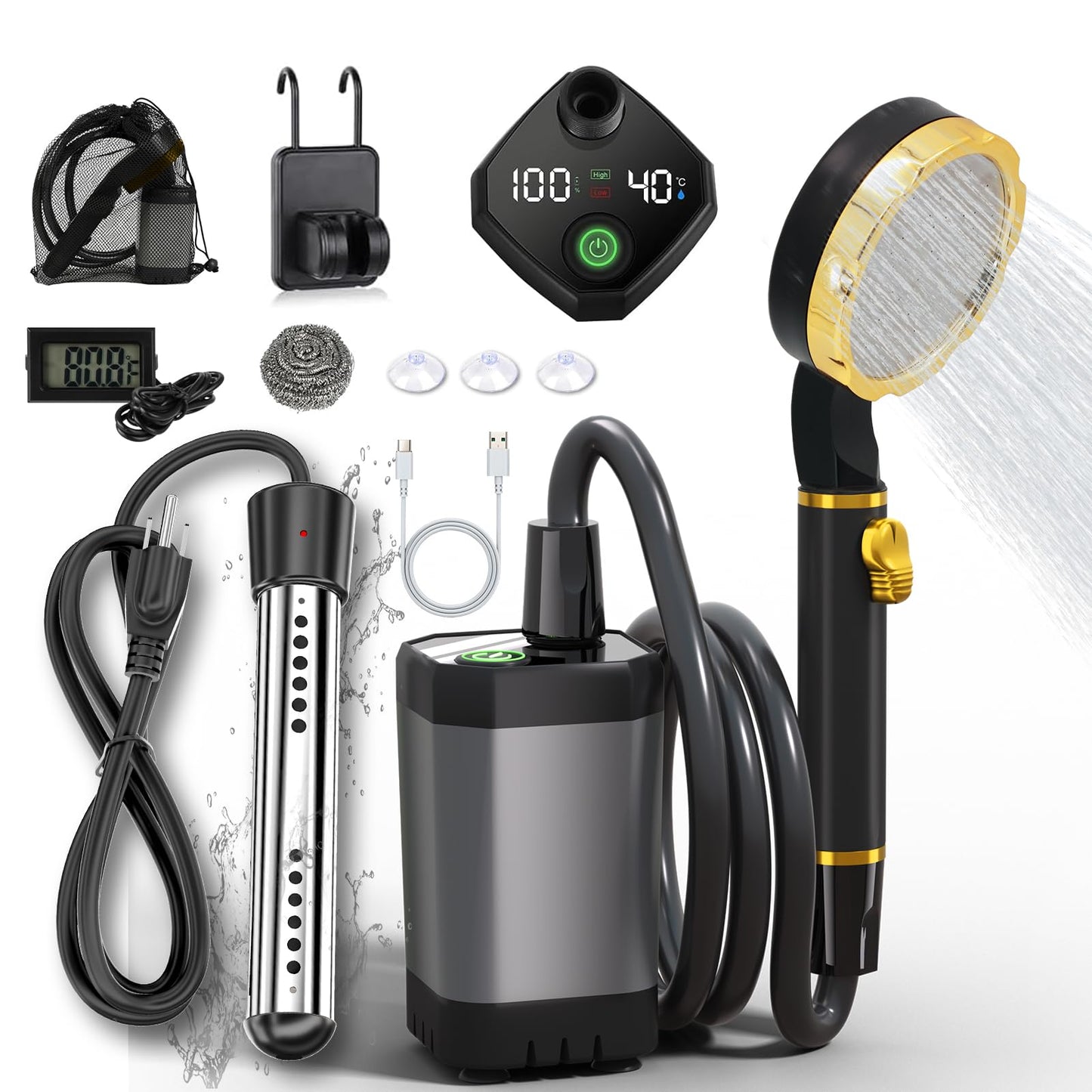 BSEED Portable Shower for Camping with Immersion Water Heater, 6000mAh Rechargeable Camping Shower with Intelligent LED Display, Outdoor Shower for Hiking, Travel, Pets & Car Washing, Wartering Plants