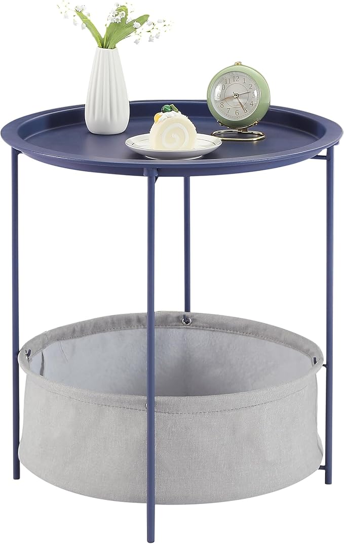 VECELO Round Side/End Table with Fabric Storage Basket，Metal Anti-Rust and Waterproof Small Bedside Nightstand with Removable Tray Top for Living Room，Balcony & Laundry，Blue /1pcs with Basket
