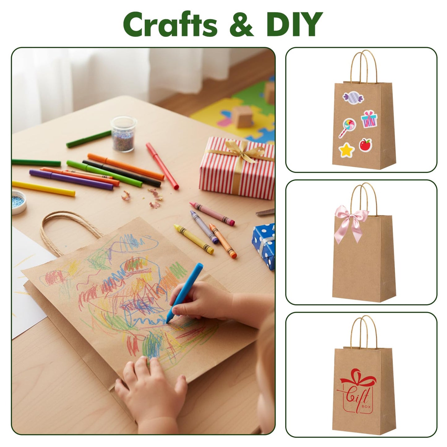 OUTUXED 150pcs Brown Paper Gift Bags, 8x4x10in Brown Kraft Paper Bags with Handles Bulk Medium Size for Retail, Shopping, Wedding, Favor, Birthday Party, Business, Grocery