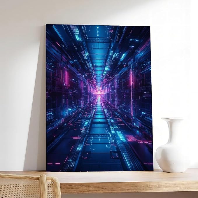 High-Tech Digital Abstract Wall Art – Glowing Geometric Canvas Print – Minimalist Futuristic Aesthetic Home Decor Poster Canvas Artwork Prints Rustic Farmhouse Decorations for Living Room Bathroom Bed
