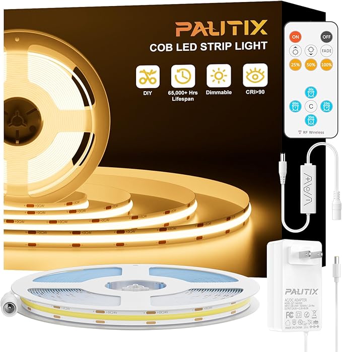 PAUTIX COB LED Strip Light 32.8ft,Engineering Level UL Listed Warm White 2700K,CRI93+ Super Bright High Lumen,Dimmable 24V Flexible LED Tape Light with RF Remote,for Cabinets,Home&Office DIY Lighting