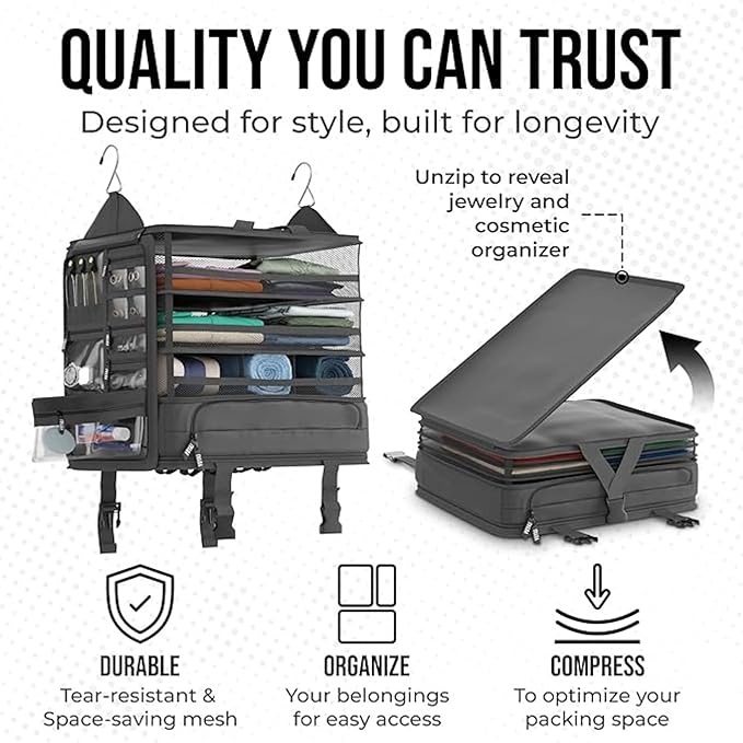 Voyaj Hanging Suitcase Organizer for Travel - Carry on Closet Suitcase, Hanging Luggage Organizers, Travel Organizer - Easily Fits Carry On Luggage for Wrinkle Free Packing