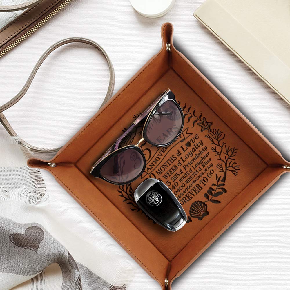 Bella Busta- 35 Years Anniversary- Traditional Coral 35th Wedding Anniversary-Engraved Leather Tray with Corals Design and 35 Years with a Detailed Breakdown (6 x6 Rawhide)