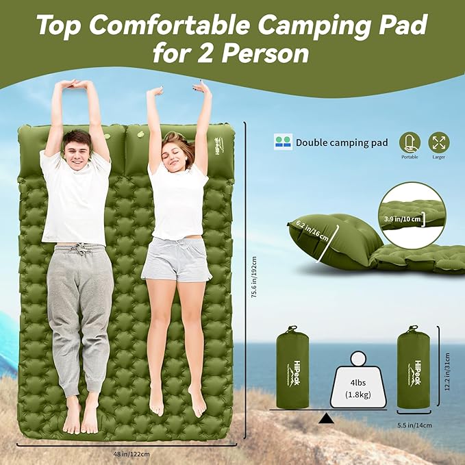 HiiPeak Double Sleeping Pad - Self Inflating 4" Extra-Thick for 2 Person with Pillow Built-in Foot Pump Inflatable Sleeping Mat for Backpacking, Hiking, Traveling, Tent, Portable Camping Mat