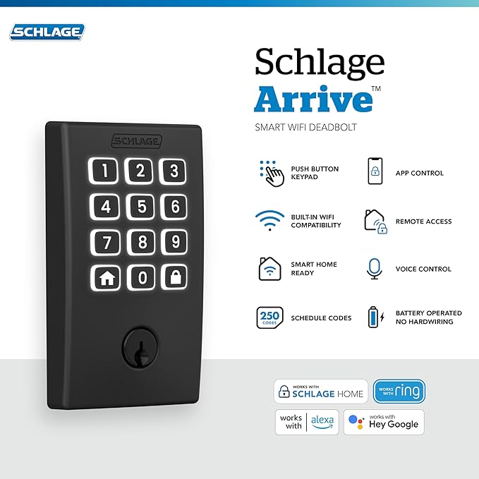Schlage Arrive WiFi Deadbolt Smart Lock, Keyless Entry Door Lock with Century Trim, Matte Black, Compatible with Alexa and Google, BE459WB CEN 622