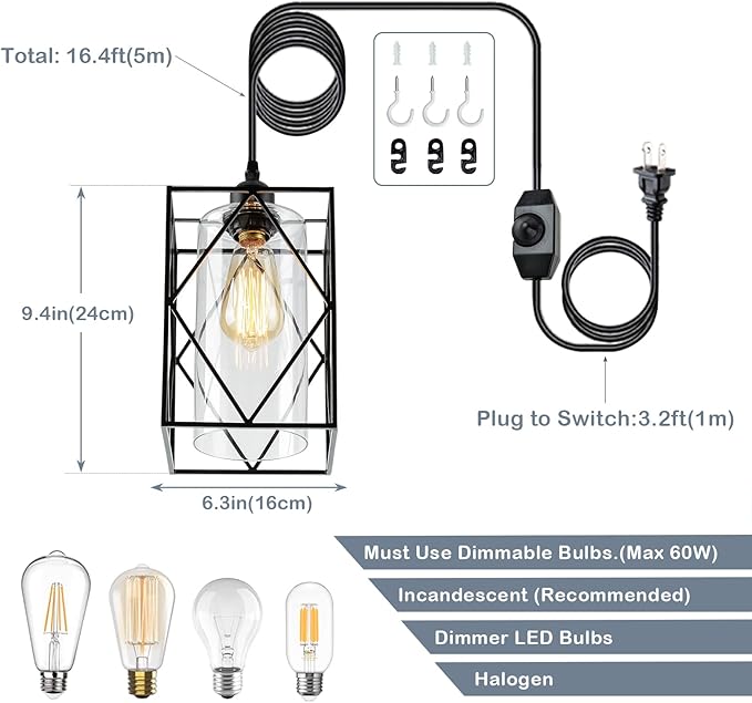 HMVPL Plug in Pendant Light with Dimmer Switch, Outdoor Farmhouse Hanging Lights Fixtures for Gazebo and Porch, Plug in Ceiling Light for Kitchen Island Table Bedroom Hallway Foyer