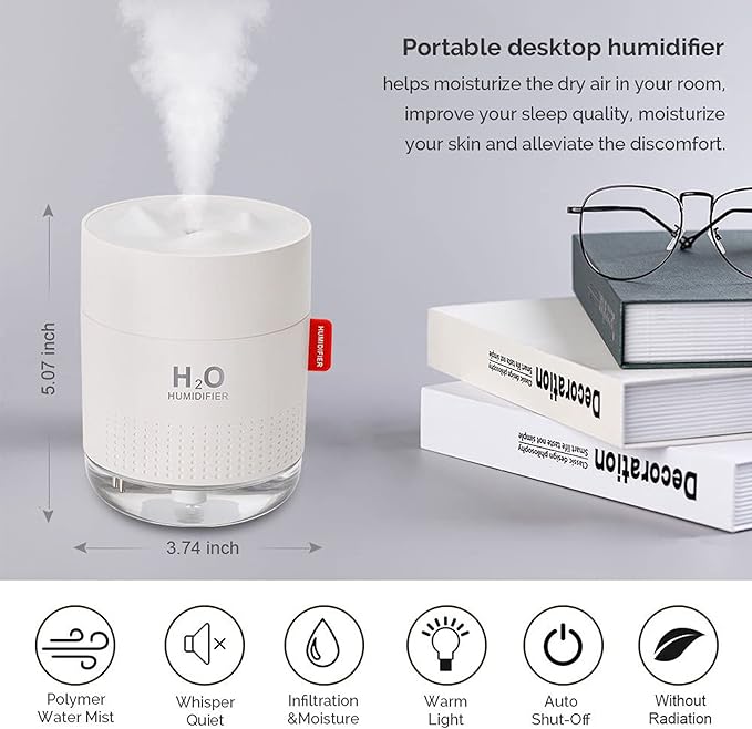 Portable Mini Humidifier, 500ml Small Cool Mist Humidifier, USB Personal Desktop Humidifiers for Baby Bedroom Travel Office Home, Auto Shut-Off, 2 Mist Modes, Super Quiet, White