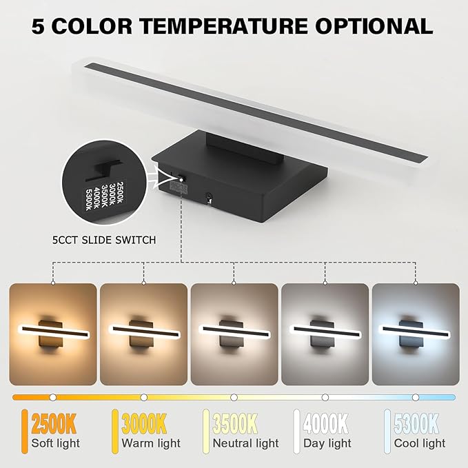 JUSHENG Black Vanity Lights for Bathroom, 5CCT Dimmable Bathroom Light Fixtures Over Mirror, Modern LED Vanity Light Bar Above Mirror 16'' Inch 16W