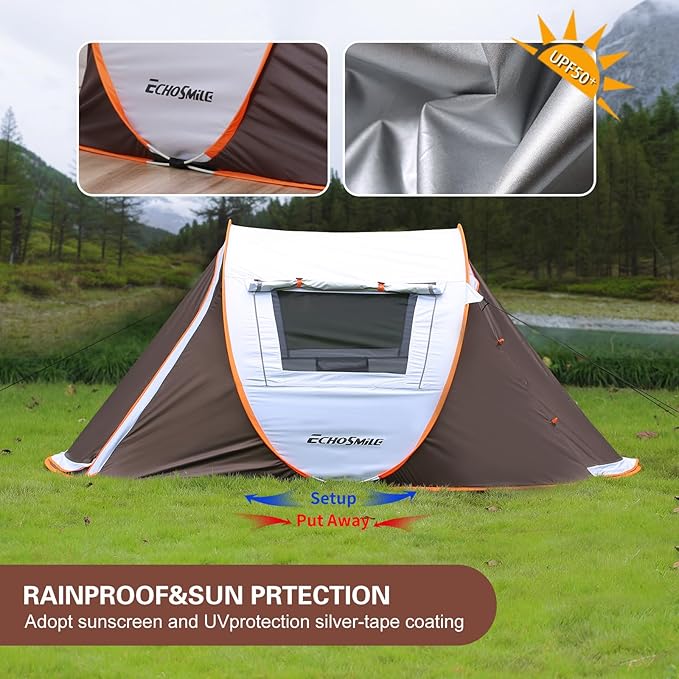 EchoSmile Camping Instant Pop Up Tent, 2/4/6/8/10 Person, Water Resistant Dome, Easy Setup for Camping Hiking and Outdoor, Portable with Carry Bag, 3 Season