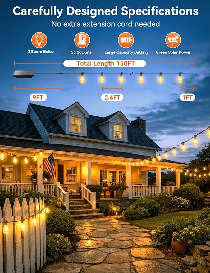 Brightever 150FT Solar String Lights Outdoor Waterproof with Remot, 55+2 Shatterproof ST38 LED Bulbs, Dimmable & 3 Lighting Modes, Warm White Solar Patio Lights for Balcony, Deck, Wedding