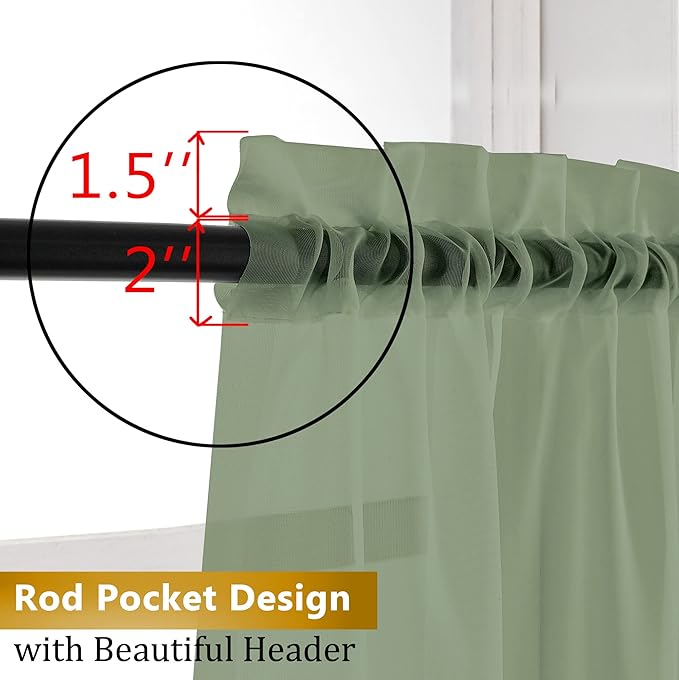 Aiyufneg Small Sheer Tier Curtains Half Kitchen Curtain Sheers Light Filtering Farmhouse Window Panels Rod Pocket Voile Short Curtain for Bathroom, 40W x 24L, Sage Green, Set of 2 Panels