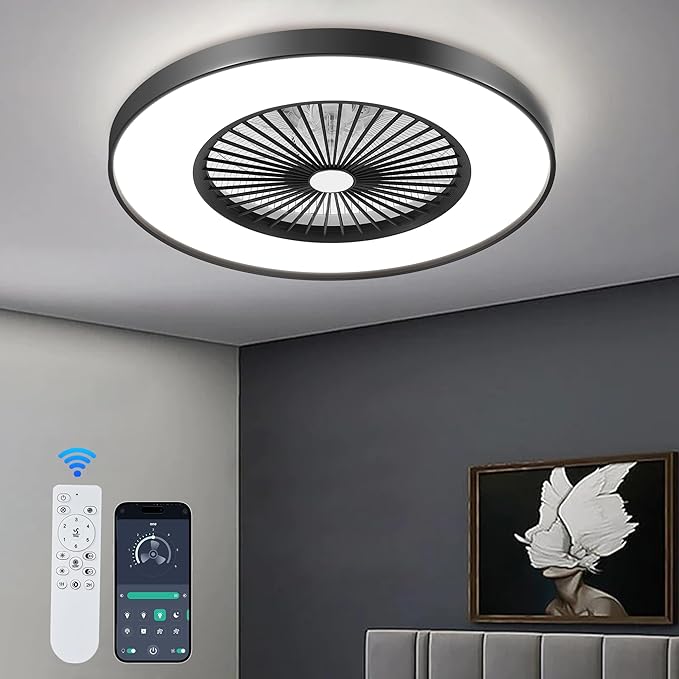 24" Low Profile Ceiling Fan with Light, Modern Flush Mount Bladeless Ceiling Fan with APP & Remote Control, 6 Speeds Silent DC Motor, 3-Color Dimmable LED, Matte Black