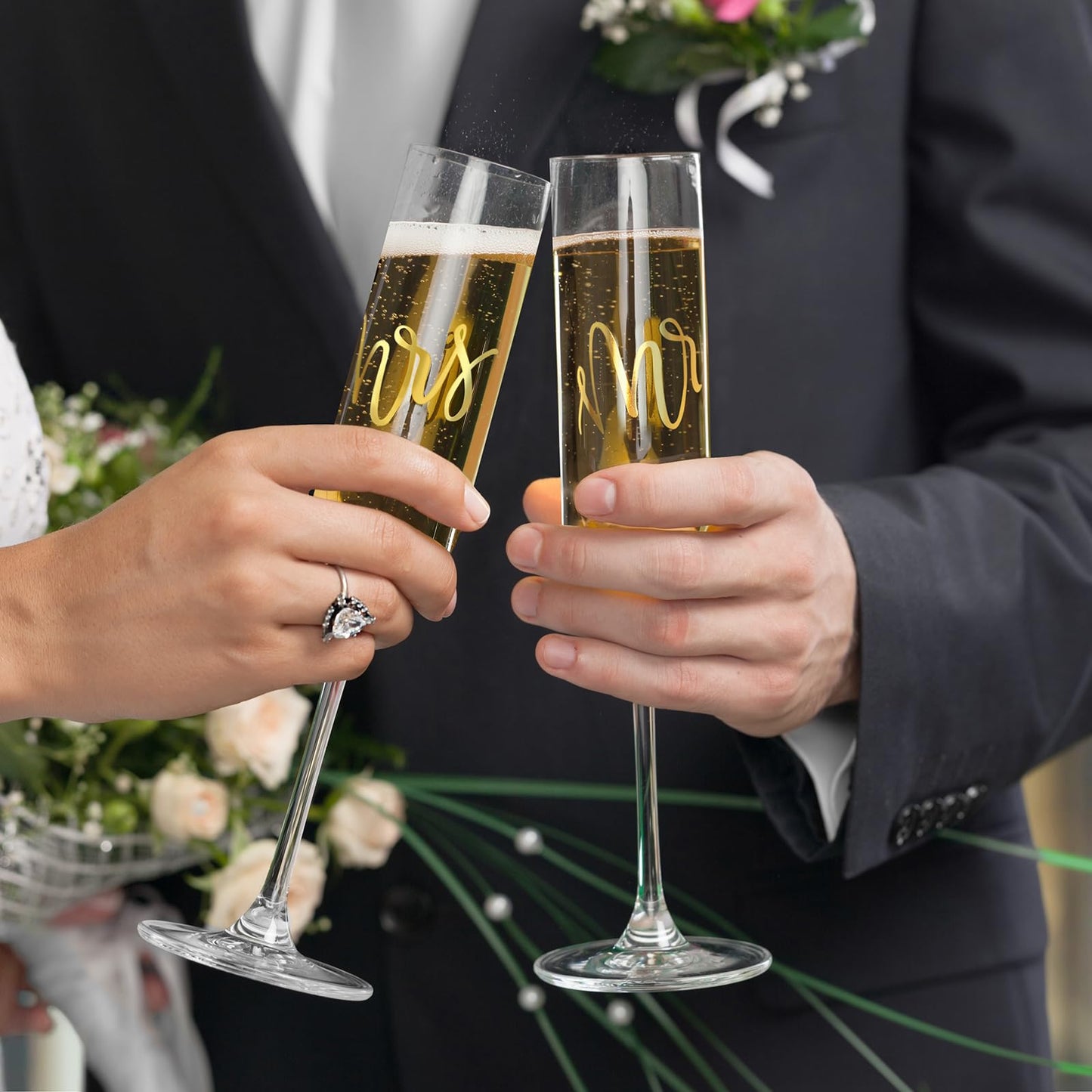 AW BRIDAL Wedding Champagne Flutes set of 2, Crystal Champagne Flutes for Mr and Mrs Glasses Wedding Bridal Shower Gift Engagement Gifts for Bride and Groom