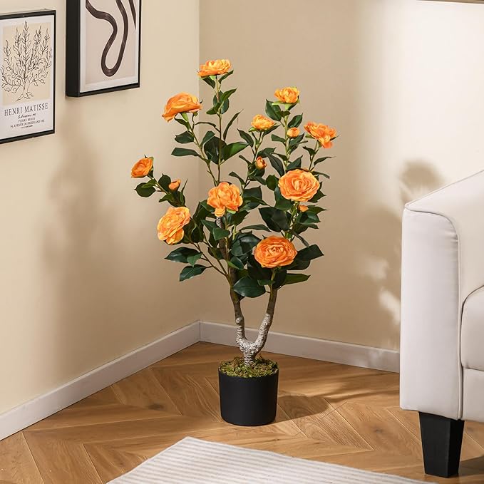 GOFLAME 3FT Artificial Camellia Tree, 2 Pack Faux Camellia Plant with Orange Flowers, Solid Wood Trunk, Realistic Moss, Greenery Potted Decoration Tree for Indoor Outdoor Home Porch Front Door