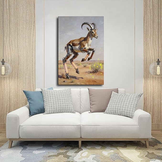 Framed Steampunk Mechanical Antelope Wall Art - Desert Futuristic Poster for Loft Living Room Decor 20x30inch(50x75cm)