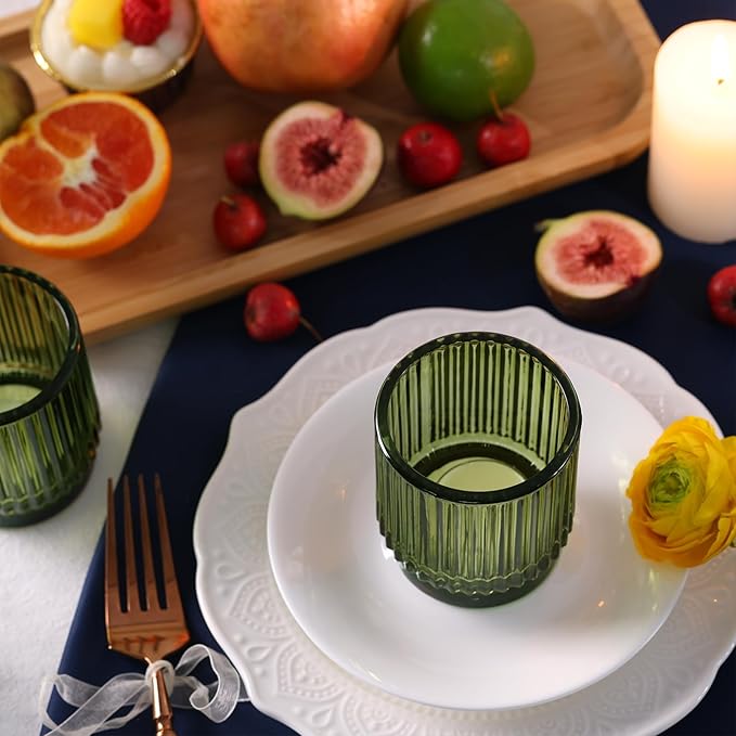 DEVI 8pcs Large Green Votive Candle Holders for Wedding Centerpieces, Glass Tea Lights Candle Holder Decor, Wedding Bridal Shower Party Table Decor, Vintage Boho Easter Decor for Table Centerpiece