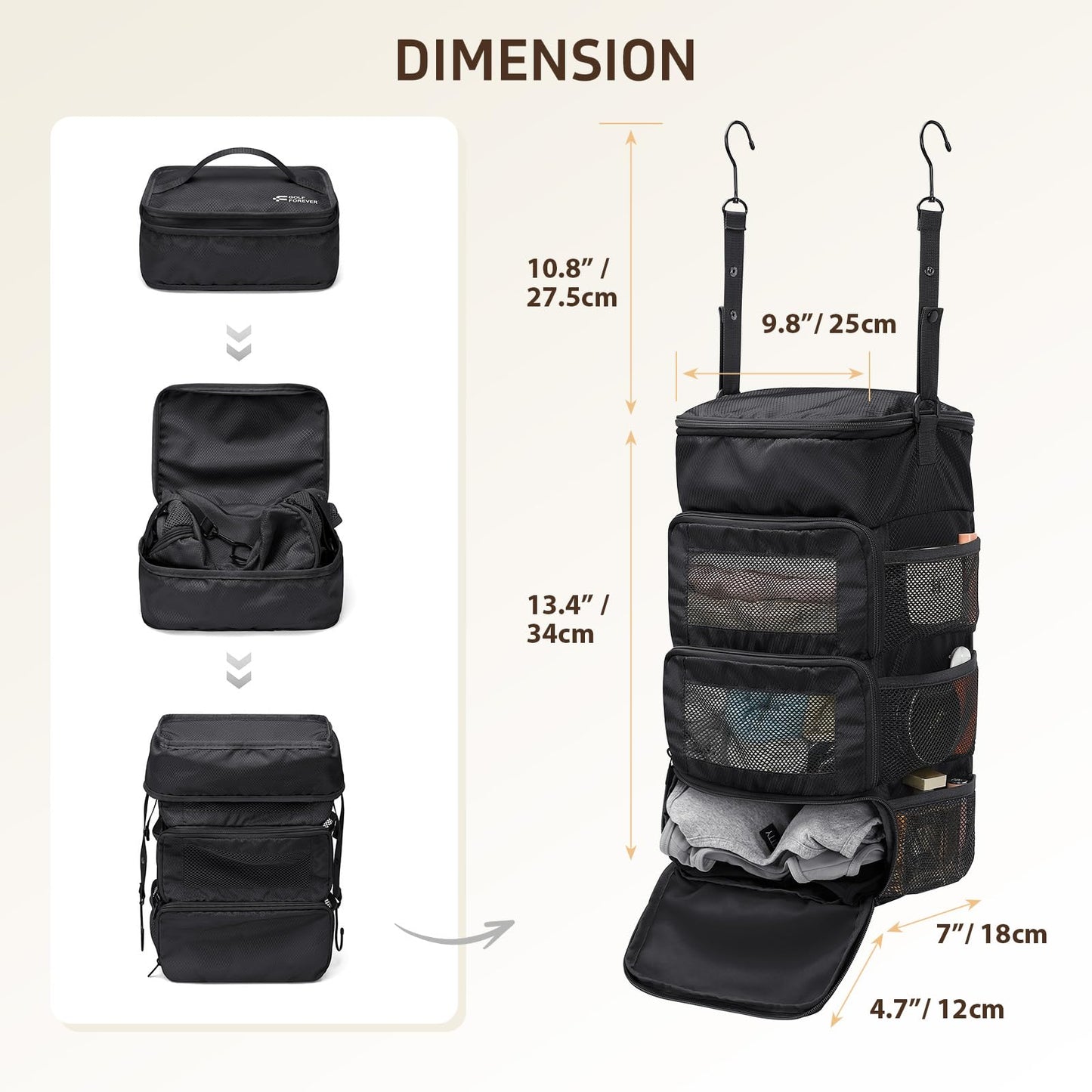 GOLF QUALITY Multi-layer storage bag Casual simple Luggage Packing Organizer with Hook,Clothing Underwear Bag,Carry On Closet,Classic black
