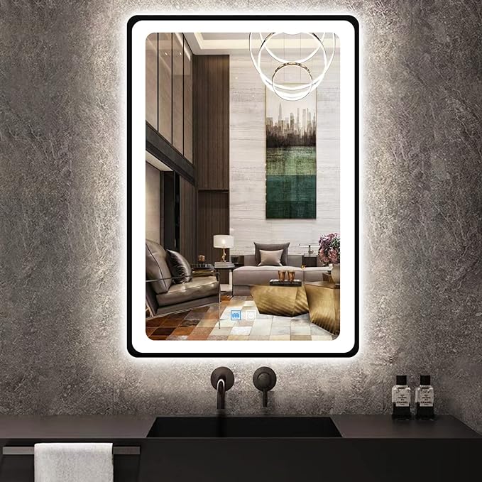 20 x 30 Inch Black Bathroom LED Mirror with Black Frame Lighted Vanity Mirror with Lights for Bathroom Wall 30in LED Mirror 3 Color Dimmable Anti Fog 30" Framed Bathroom Smart Light up Mirror