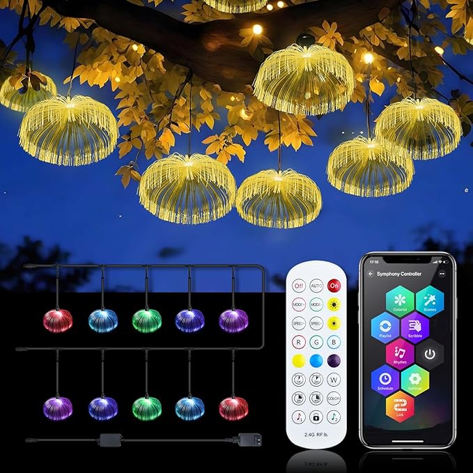 AZIMOM Smart 10pcs Fiber Optic Jellyfish Lamp 32.8ft APP Control Timing Music Sync RGBW Colorful IP67 Waterproof Outdoor Fairy Hanging String Light Garden Trees Christmas Party Wedding Ceiling Decor