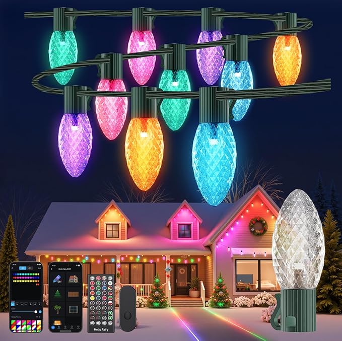 YAYZA! Smart C9 Christmas Lights Outdoor, 200 LED 130 FT RGB C9 String Lights with APP & Remote Control, 105 Modes, Music Sync, Connectable Waterproof Christmas Lights for Roofline Patio Xmas Decor