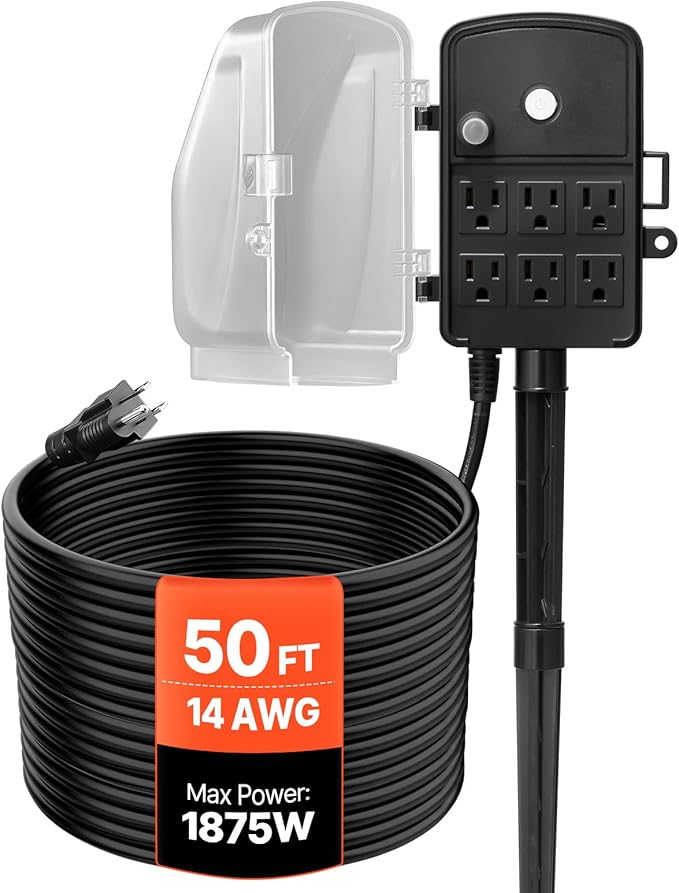 VEVOR Outdoor Power Stake Waterproof, 50 FT Extension Cord, Outdoor Power Strip, Weatherproof with Cover and Overload Protection, 6 Outlets, 15A/1875W for Halloween/Christmas Lights Decorations