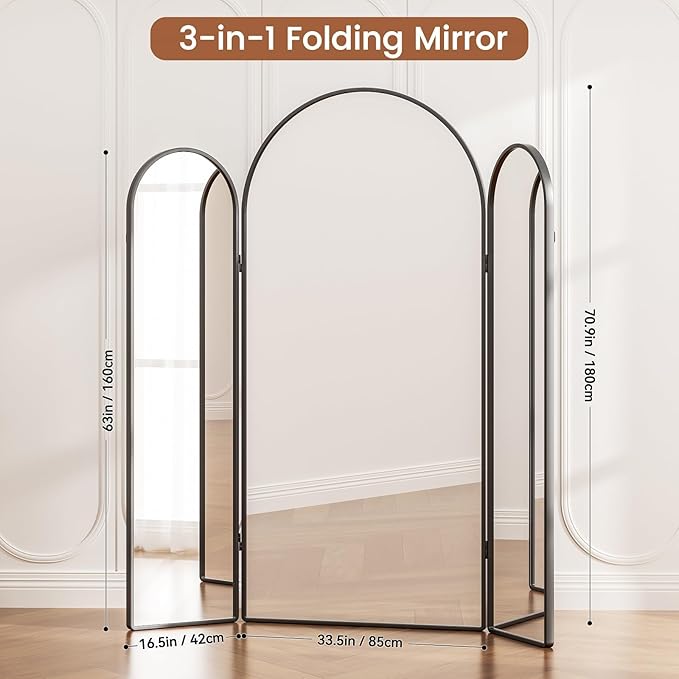 3 Way Arched Full Length Mirror Free Standing, 71"x 67" Large Modern Trifold Mirror, 3-in-1 Detachable Panel Tempered Glass & Metal Frame, for Dressing Room, Bridal Shop, Clothing Store (Black)