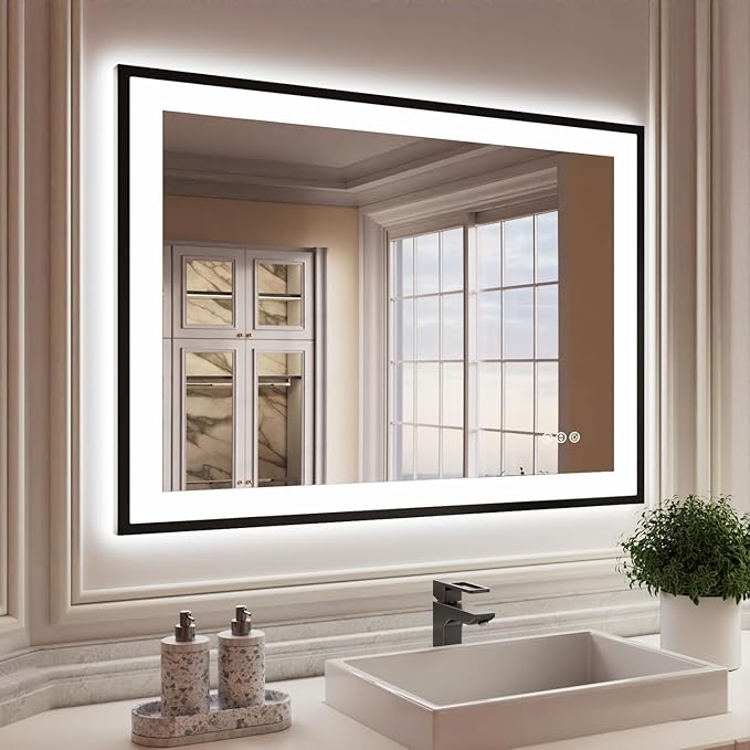 ISKM Framed LED Mirror for Bathroom 44"x30", Dimmable LED Bathroom Mirror with Lights, Anti-Fog, Front and Backlit Lighted Mirror 3-Colors, Shatterproof, Memory Function