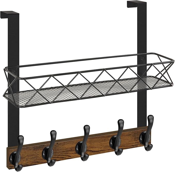 YINMIT Over The Door Hooks Organizer, Over The Door Hanger with Basket, Over The Door Towel Rack with 5 Metal Hooks, Over Door Hanger for Bathroom, Bedroom, Kitchen
