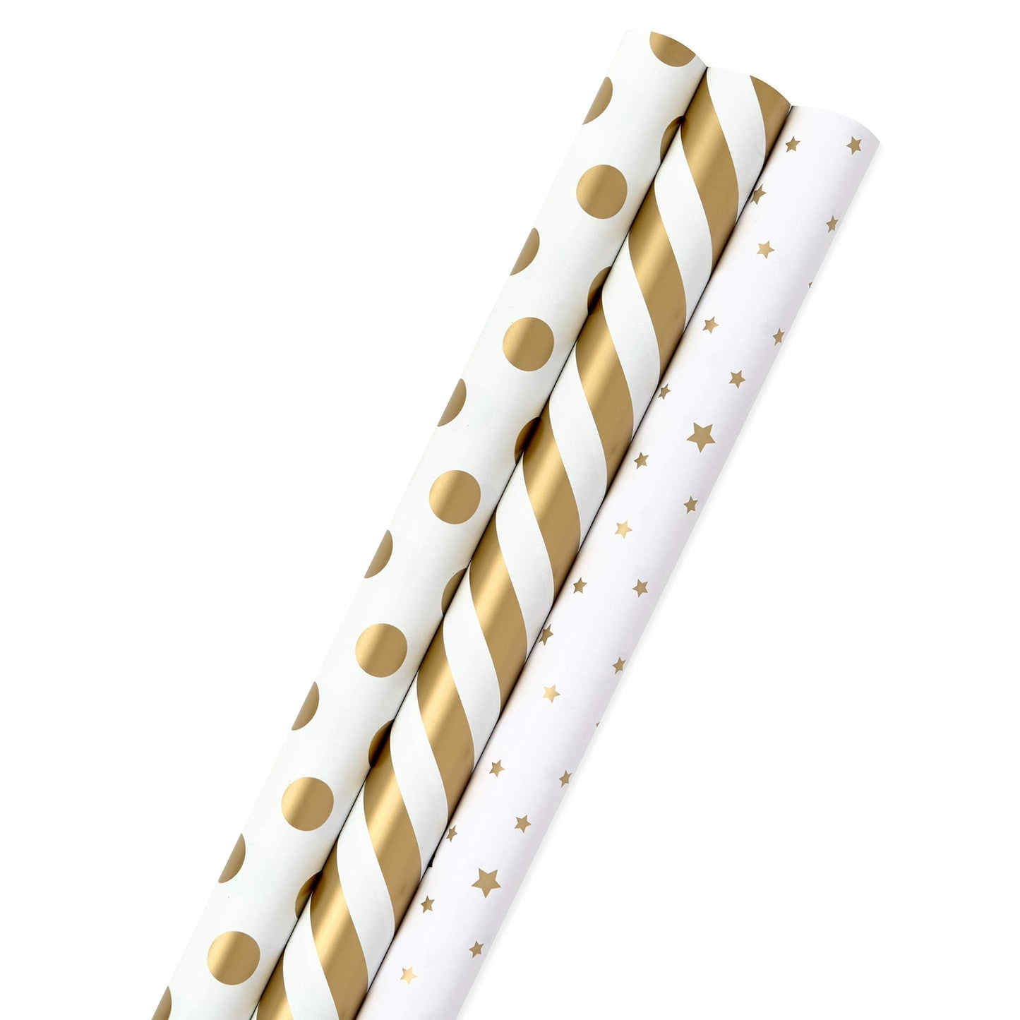 Hallmark Wrapping Paper Rolls for Weddings, Bridal Showers, Birthdays - Gold and White Gift Wrap Paper (Set of 3 Rolls: 105 sq. ft. ttl.) Metallic Striped and Polka Dot for All Occasions
