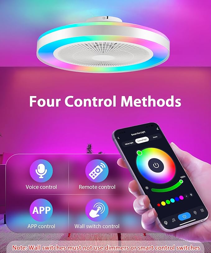 2-in-1 Low Profile Ceiling Fan with Light, 20” Caged Safety Design for Kids - RGB Color, Smart APP/Remote Control, Quiet Flush Mount DC Motor, Metal, Ideal for Bedroom/Living Room/Kitchen, White