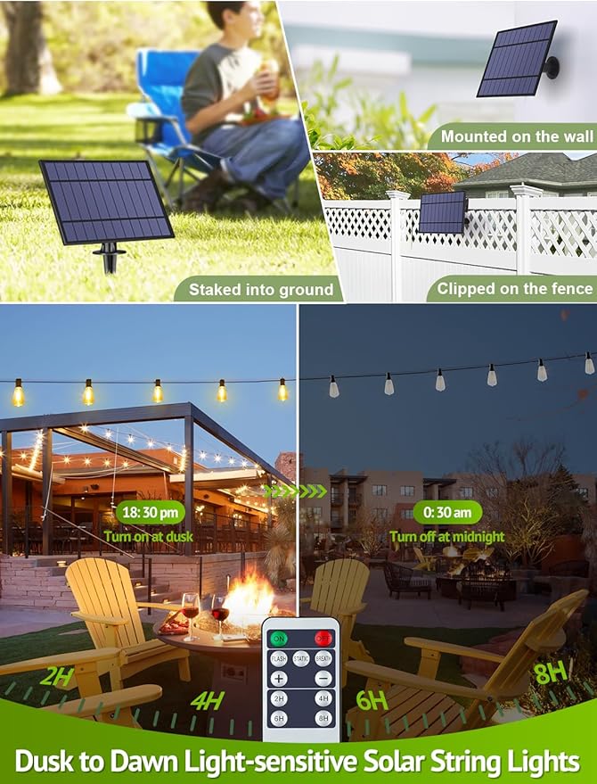 96FT(2x48FT) Solar Outdoor String Lights with Remote & Timer, Dimmable Patio Lights with 30+2 Shatterproof ST38 LED Bulbs for Outside-Black