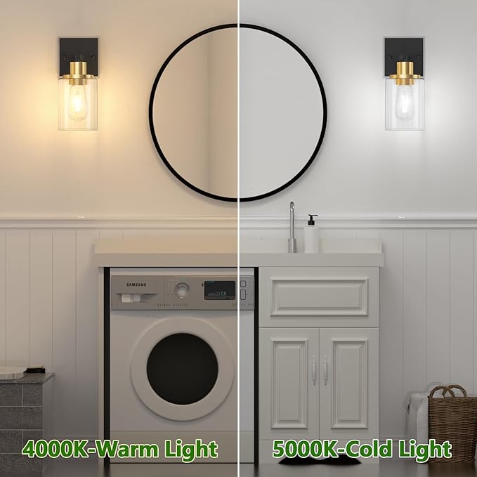 Licperron Black and Gold Wall Sconces Set of 2 with Clear Glass Shade, Matte Black Vanity Light Fixtures, Farmhouse Wall Lights for Bathroom, Bedside, Mirror, Living Room, Hallway