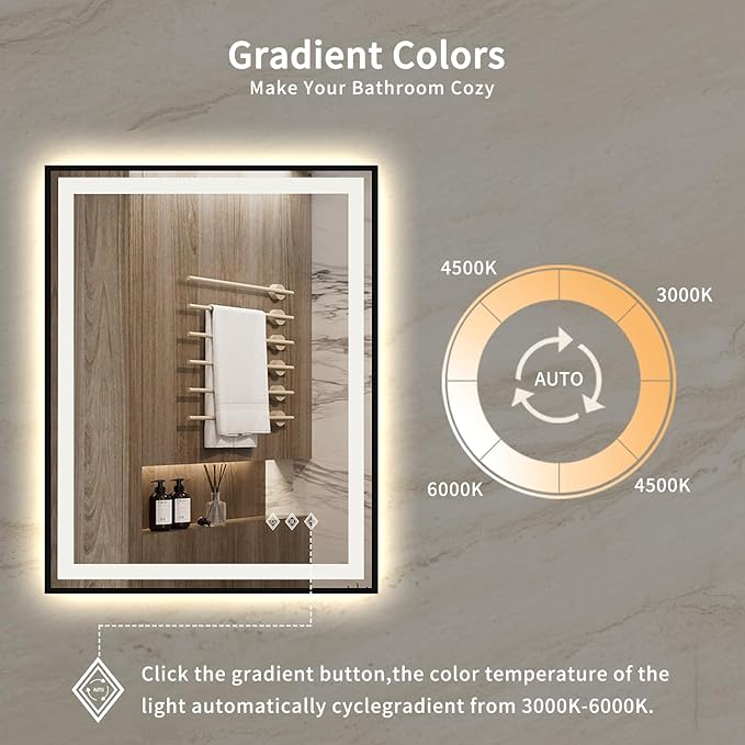 LED Bathroom Mirror, 28x36 Inch Black Framed Gradient Front and Backlit Bathroom Mirror with Lights, 3 Colors Dimmable CRI>90, Enhanced Anti-Fog Wall Mounted LED Mirror for Bathroom