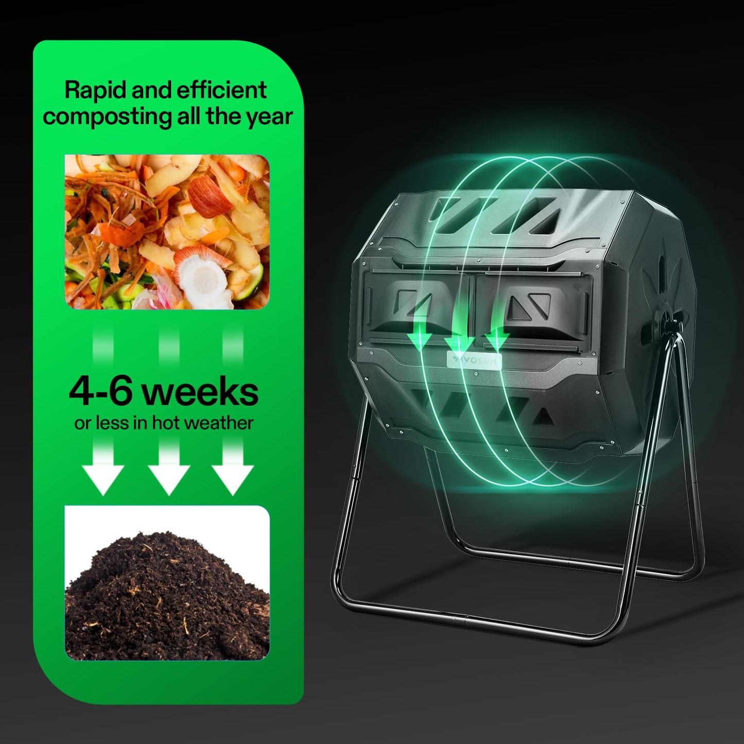 VIVOSUN Outdoor Tumbling Composter Dual Rotating Batch Compost Bin, 43 Gallon Black Door