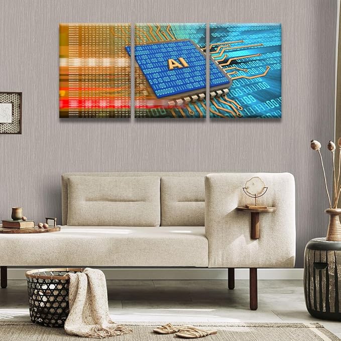 LSIUHWUWI 3 Panel Canvas Wall Art Electronic Board over Digital Background Pictures Print On Canvas for Home Decorations, Modern Wall Art Wooden Framed Ready to Hang, 12x16inchx3