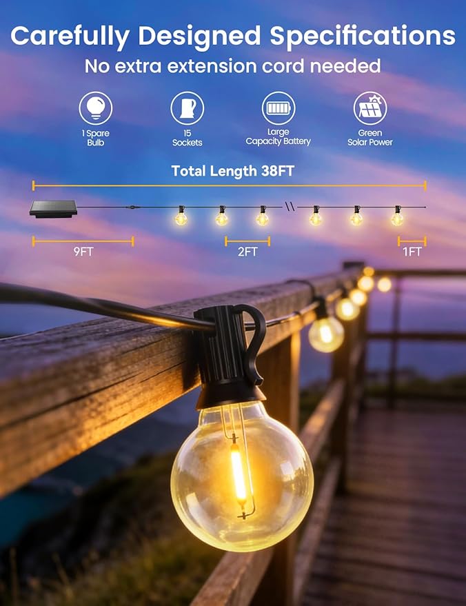 Brightever 38FT Solar String Lights Outdoor with Remote and 15+1 LED Shatterproof G40 Bulbs, Dimmable & Timable, 3 Lighting Modes, Waterproof Solar Power Patio Lights for Outside, Party, Cafe, Bistro