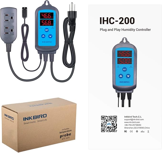 Inkbird Humidity Controller IHC200 Humidistat Mushroom Greenhouse Pre Wired Outlet Dual Stage Humidifier Dehumidifier.
