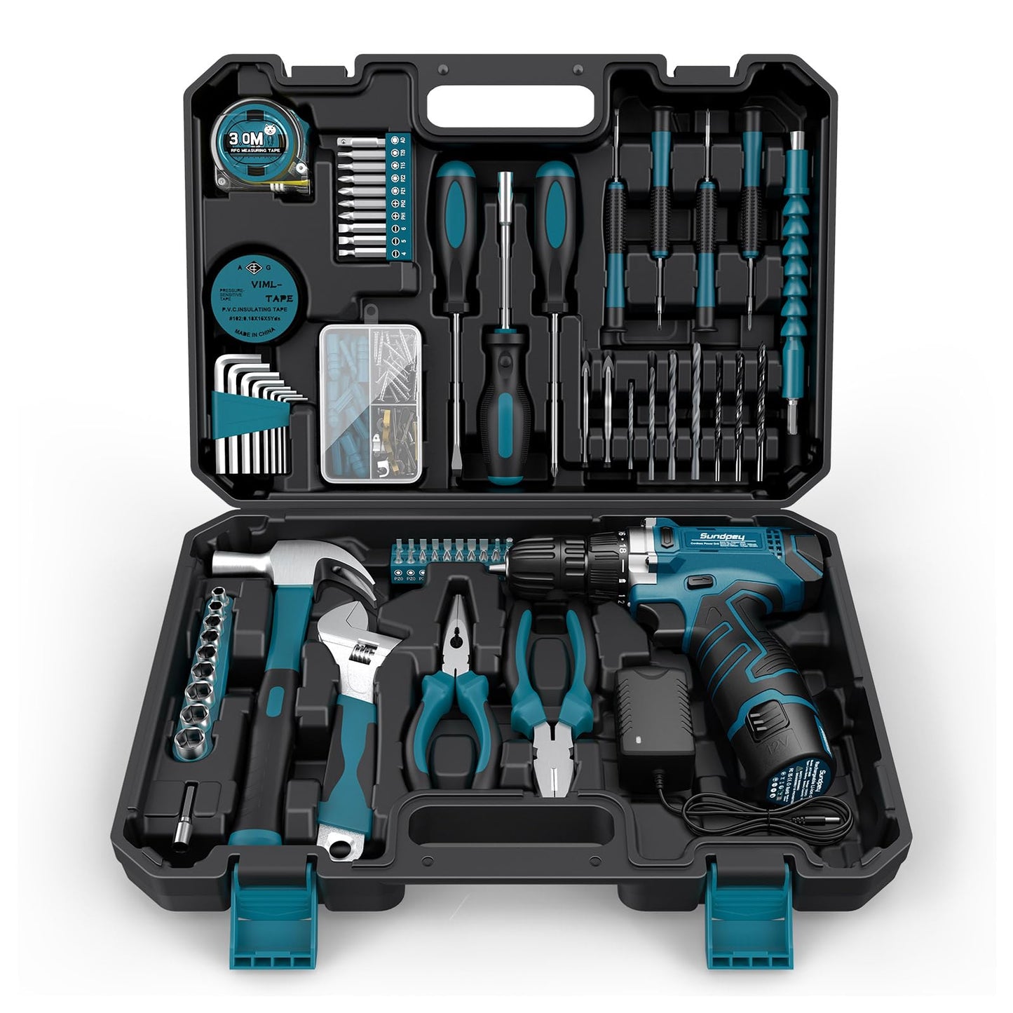 Sundpey Tool Kit 206PCs with Drill - 12V Cordless Power Drill Combo Home Tool Set - Portable Basic General Household Toolbox for Men Women for Garden Office House Repair (Screwdriver Set & Pliers Set)