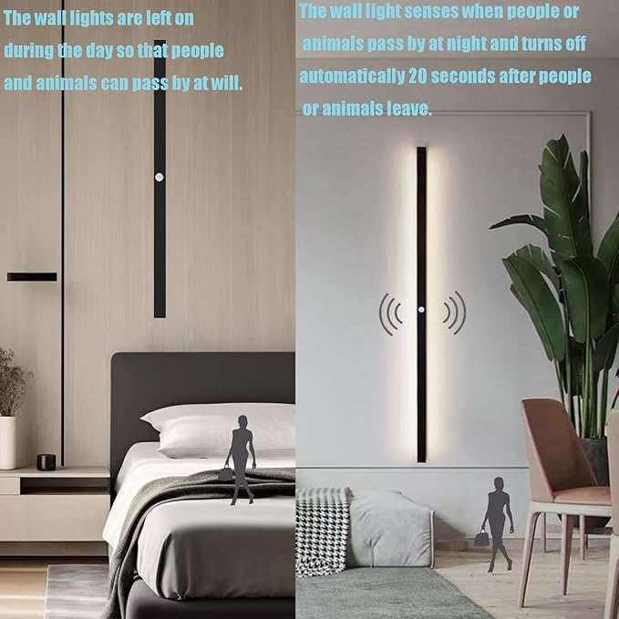 LED Rectangles Wall Lamp with Motion Sensor 3000K/4000K/6500K Indoor Black Sconce Long Bedside Lights Corridor Minimalist Style for Bedroom Kitchen