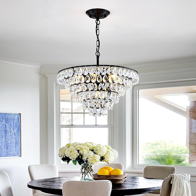 YYJLX Modern Crystal Chandelier 7 Light 20" Raindrop Black Ceiling Chandelier Adjustable Hanging Light Fixture for Dining Room Foyer Entryway Staircase Living Room