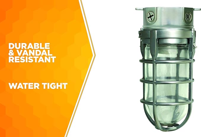 Woods L1706BS Vandal Resistant 150W Incandescent Security Light; Ceiling Mount; Compatible With Up To 50 Watt Standard Base Bulbs; Brushed Steel