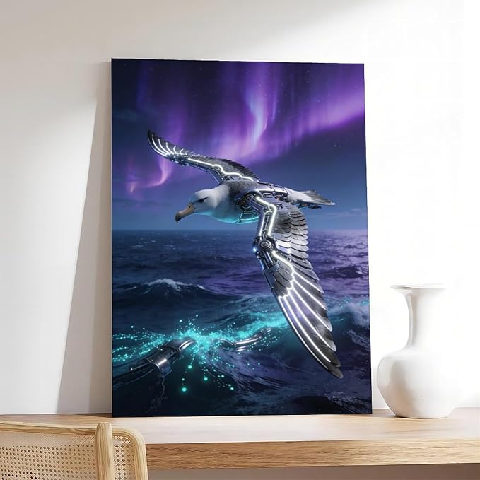 Framed Steampunk Mechanical Seagull Wall Art - Aurora Ocean Retro Poster for Bedroom Game Room Decor 12x18inch(30x45cm)