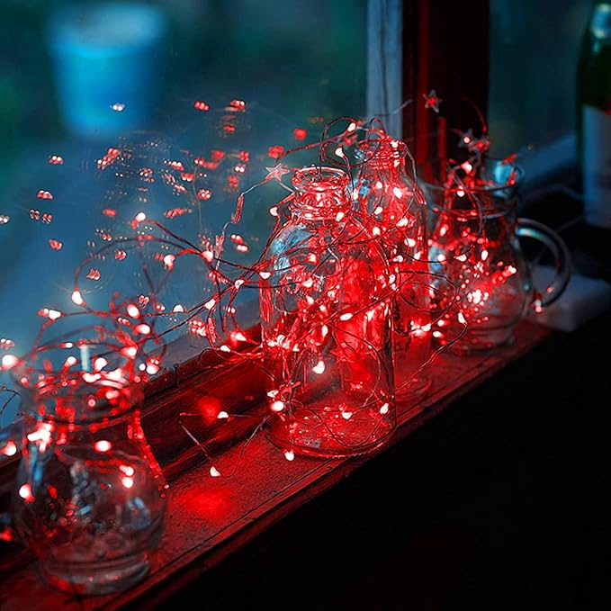 RUICHEN Plug in Fairy String Lights with Switch, Waterproof 33 Ft 100 LED Copper Wire Firefly Lights for Bedroom, Patio, Garden, Balcony, Dorm, Red